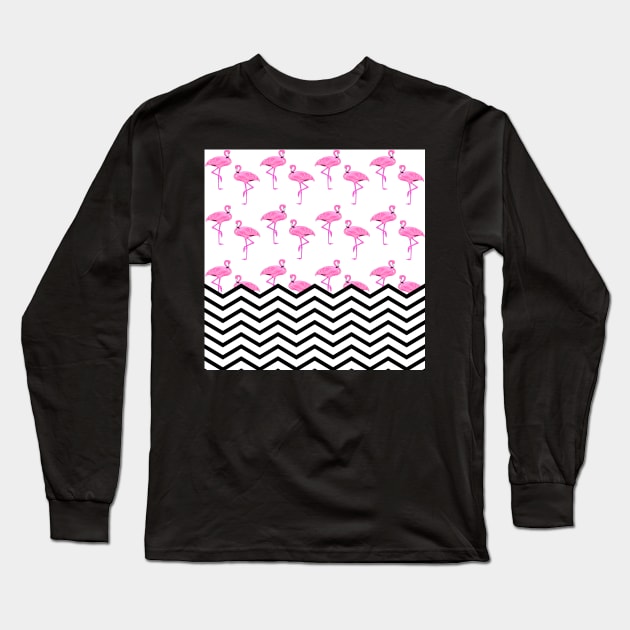 Pink Flamingos Pattern with Chevron Stripes Long Sleeve T-Shirt by TammyWinandArt